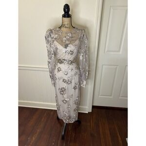 Mac Duggal NWT Beige Embellished High Neck Illusion Long Sleeve Midi Dress‎ Sz 4